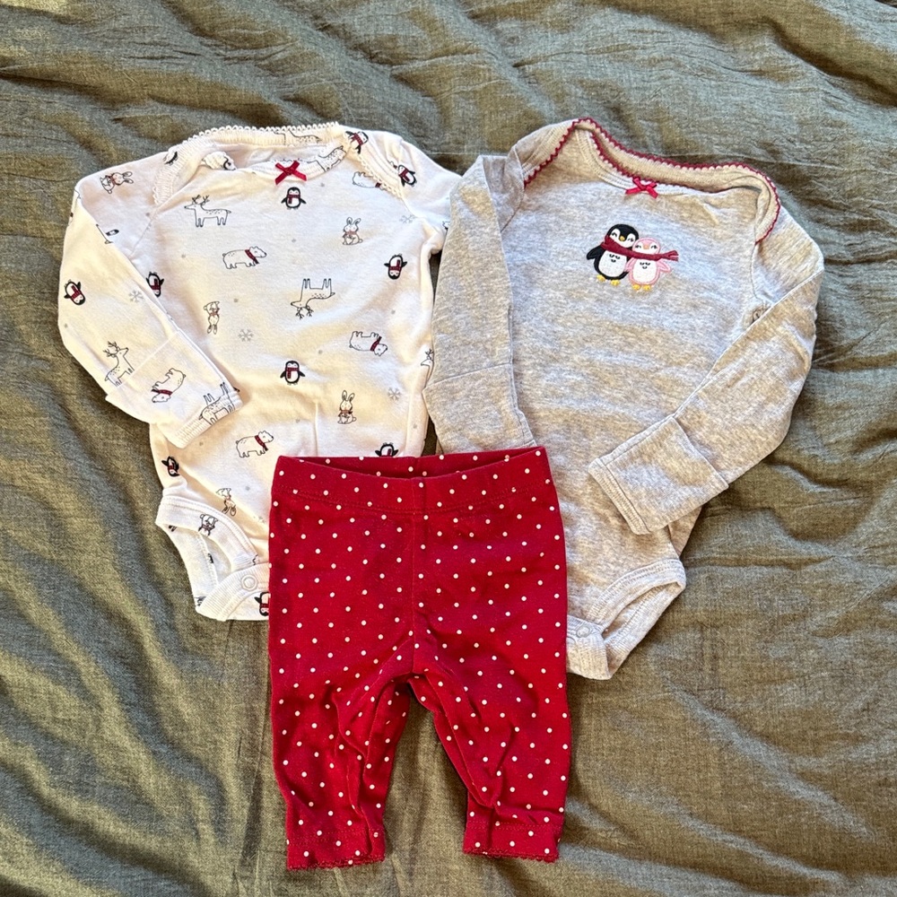 Carter's Red, Gray and White Baby Matching Set - Penguins & Dots